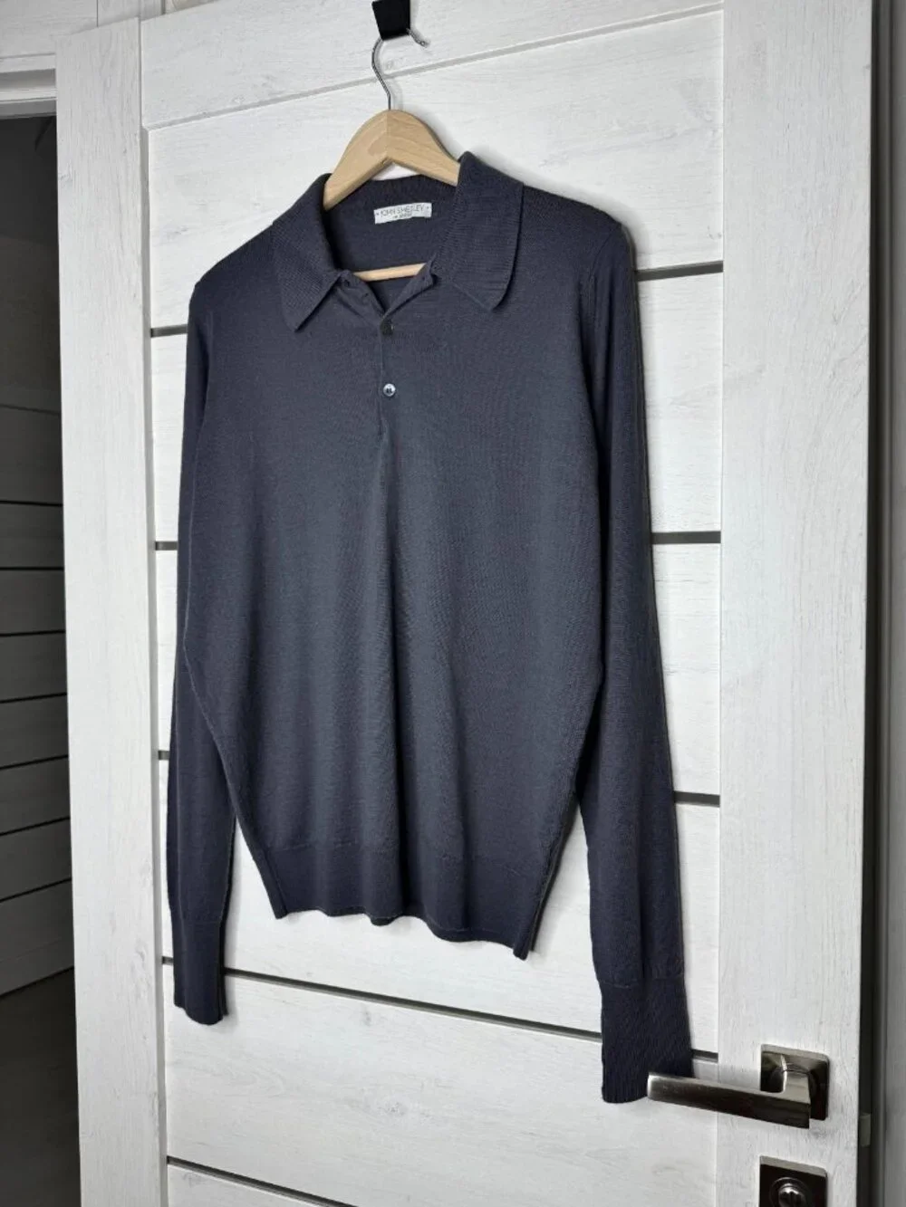 JOHN SMEDLEY For Berk L Charcoal Gray Merino Wool Long Sleeve Knit Polo England